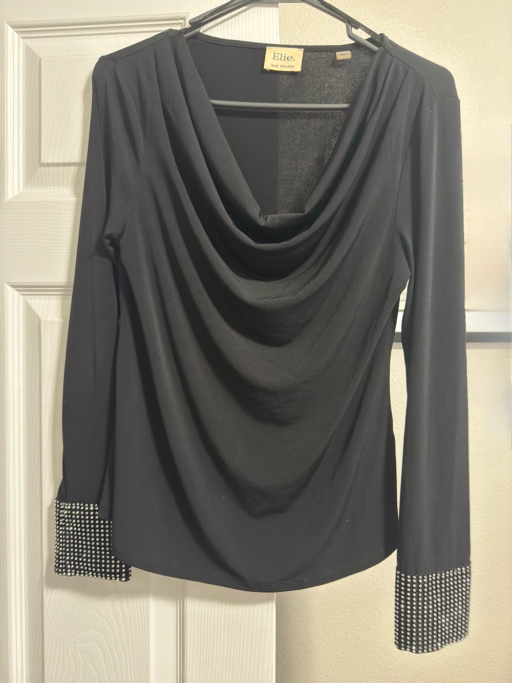 Elie Tahari Black Draped Cowl Neck Long Sleeve Top with Embellished Cuffs